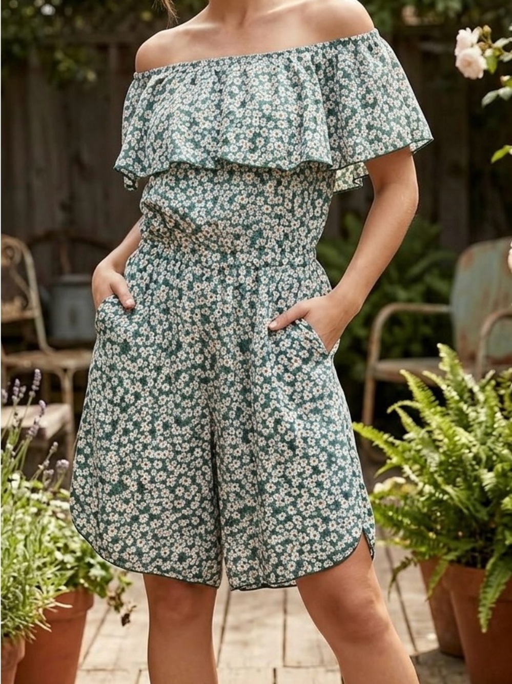 Plus Size 3XL Green Daisy Culotte Romper Jumpsuit